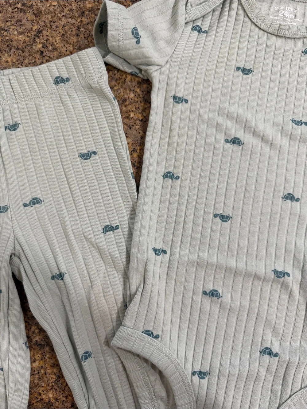 Carter's Ribbed Light Sage One-Piece & Pants Set with Teal Car Print